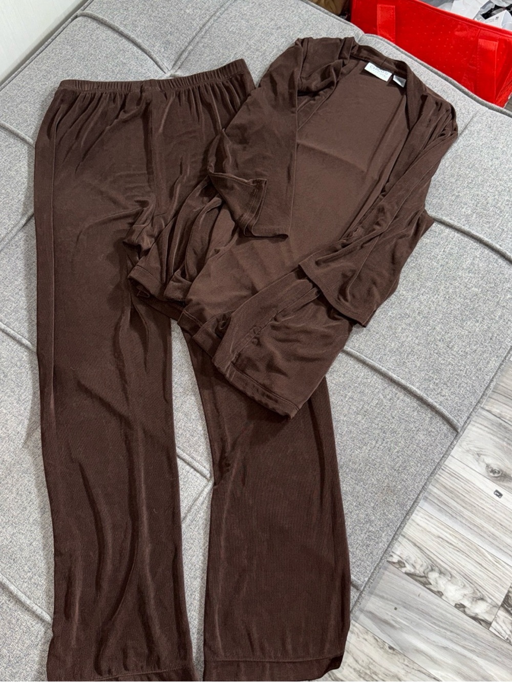 Chico’s Travelers Choc Brown Jacket & Pant Set Stretch 1 (M)  Short Cardigan